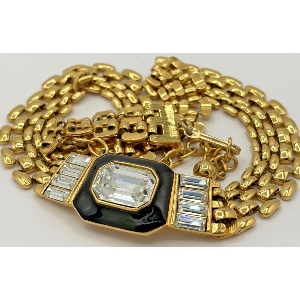 Vintage TRIFARI Gold Tone Black Enamel Clear Crystal Collar Choker Necklace